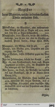 Register derer Materien, welche in diesem fünften Theile enthalten sind
