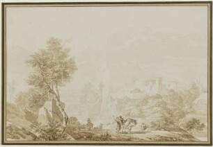 Italienische Landschaft mit einem Eseltreiber und einer Frau mit Spinnrocken