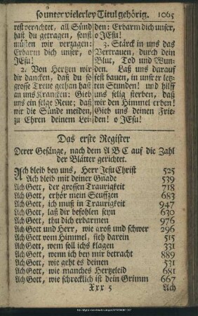 Das erste Register Derer Gesänge, nach dem ABC auf die Zahl der Blätter gerichtet