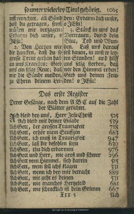 Das erste Register Derer Gesänge, nach dem ABC auf die Zahl der Blätter gerichtet