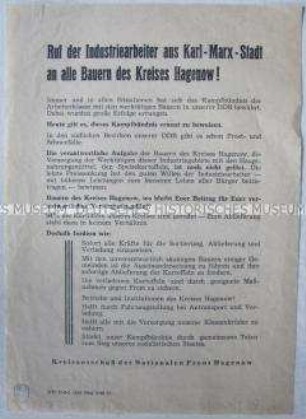 Propagandaflugblatt der Nationalen Front mit einem Aufruf von Industriearbeitern an die Bauern zu verstärkten Anstrengungen