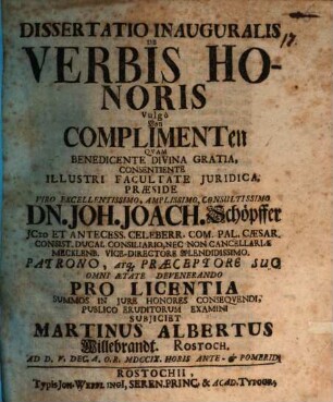 Dissertatio Inauguralis De Verbis Honoris Vulgò Von Complimenten