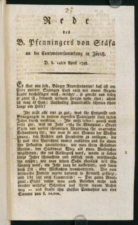 1r-2v, Rede des B. Pfenningers von Stäfa an die Cantonsversammlung in Zürich