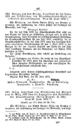 Gesetz, betreffend eine Abänderung des Gesetzes vom 24. März 1873 über die Tagegelder und Reisekosten der Staatsbeamten (Gesetz-Samml. S. 122). Vom 28. Juni 1875 : [I. Allgemeine Verhältnisse der Behörden und Beamten]