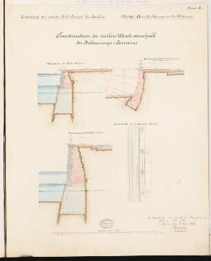 Südkanal für Berlin Schinkelwettbewerb 1878: 3 Querschnitte der Kaimauern: 1:50, Detail; Maßstabsleiste
