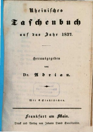 Rheinisches Taschenbuch auf das Jahr .... 1837
