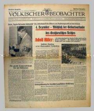 Fragment der Tageszeitung "Völkischer Beobachter" u.a. über eine Kundgebung mit Hitler in Reichenberg (Sudetenland)