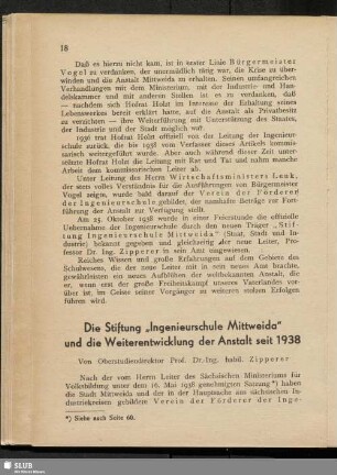 Die Stiftung "Ingenieurschule Mittweida" und die Weiterentwicklung der Anstalt seit 1938