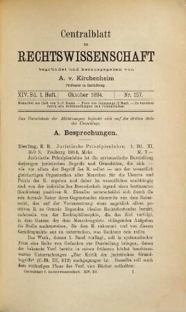 Zentralblatt für Rechtswissenschaft : Monatsschrift des Internationalen Institutes für Bibliographie der Rechtswissenschaft e.V., 14. 1894/95