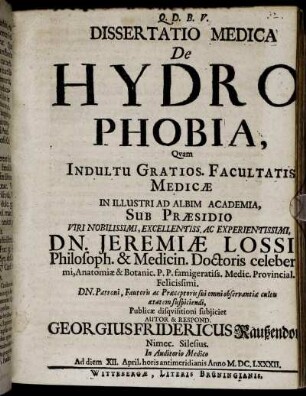 Dissertatio Medica De Hydrophobia