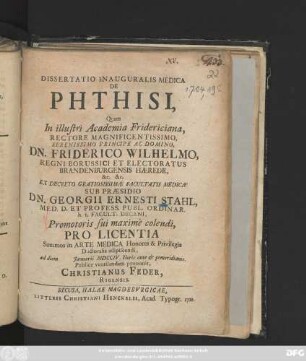 Dissertatio Inauguralis Medica De Phthisi