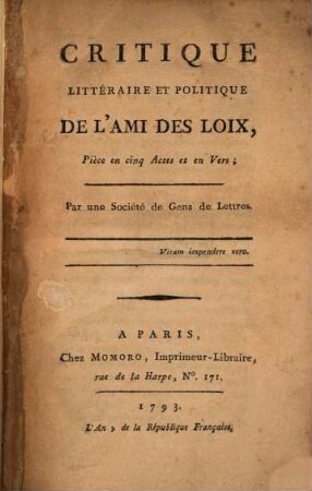 Critique litteraire et politique de l'ami des Loix