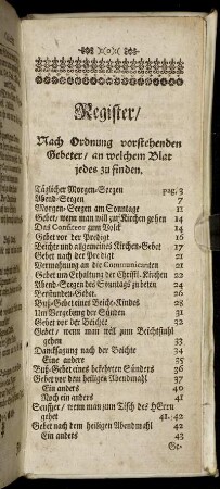 Register/ Nach Ordnung vorstehenden Gebeter/ an welchem Blat jedes zu finden.