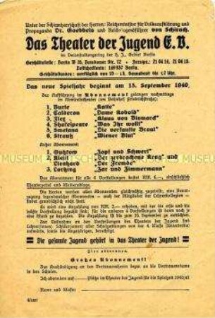 Spielplan des Theaters der Jugend für die Saison 1940/41