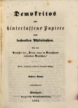 Demokritos oder hinterlassene Papiere eines lachenden Philosophen, 8