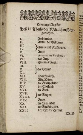 Ordnungs Register Deß II. Theils der Weltlichen Lehrgedichte.