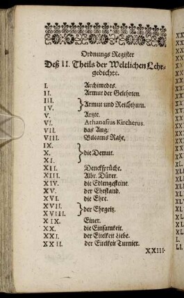 Ordnungs Register Deß II. Theils der Weltlichen Lehrgedichte.
