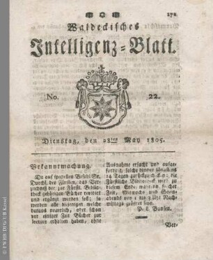 No. 22, Dienstag, den 28ten May 1805