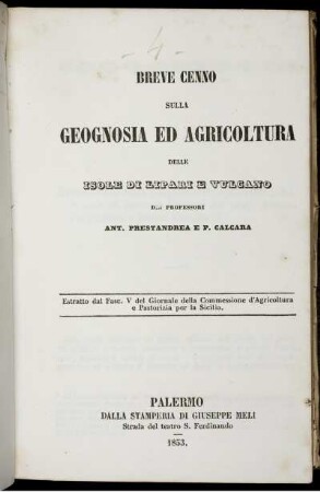 Breve Cenno Sulla Geognosia Ed Agricoltura Delle Isole Di Lipari E Vulcano