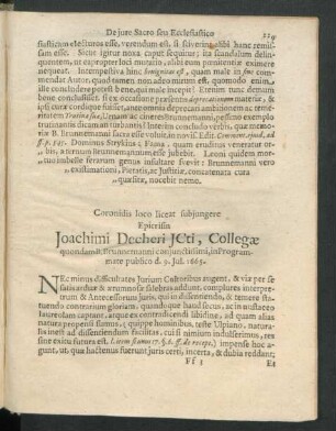 Coronidis loco liceat subiungere Epicrisin Joachimi Decheri ...