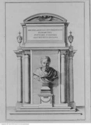 La Libreria Mediceo-Laurenziana., Controfrontespizio: Büste Michelangelos in Architekturrahmung