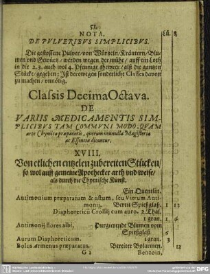 Classis Decima Octava. De Variis Medicamentis Simplicibis Tam Communi Modo, Quam arte Chymica preparatis, quorum nonnulla Magisteria ac Essentiae dicuntur