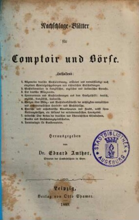 Nachschlage-Blätter für Comptoir und Börse
