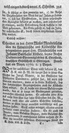Schreiben an den Herrn Moses Mendelssohn über die Lavaterische und Kölbelische Angelegenheiten gegen Hrn. Mendelssohn.