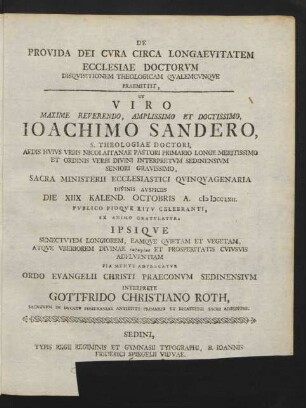 De Provida Dei Cvra Circa Longaevitatem Ecclesiae Doctorvm Disqvisitionem Theologicam