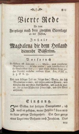 Vierte Rede An dem Freytage nach dem zweyten Sonntage in der Fasten. Inhalt Magdalena die dem Heiland dienende Büsserinn.