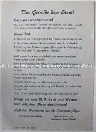 Propagandaflugblatt mit einem Aufruf an die Bauern zur planmäßigen Erfüllung der Abgabepflicht an Getreide