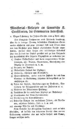 Ministerial-Rescripte an sämmtliche K. Consistorien, die Seminarien betreffend