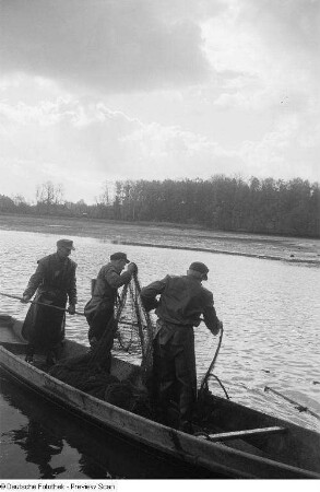 Fischer auf einem Boot beim Einholen des Netzes