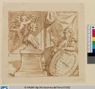 Ein Putto bekränzt die Büste des Ovid
