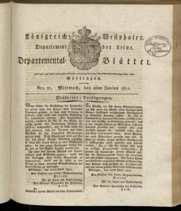 Nro. 51. Mittwoch, den 26ten Junius 1811 [-] Nro. 60. Sonnabend, den 27ten Julius 1811