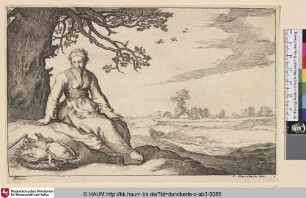 [Unter einem Baum rastende Frau mit Geflügel]