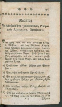 Nachtrag An Physicalischen Instrumenten, Praeparatis Anatomicis, Gewehren &c.