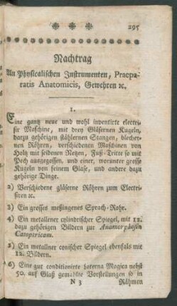 Nachtrag An Physicalischen Instrumenten, Praeparatis Anatomicis, Gewehren &c.