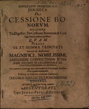 Disputatio Inauguralis Juridica De Cessione Bonorvm
