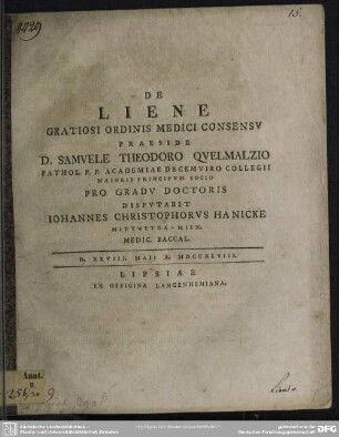 De Liene : D. XXVIII. Maii A. MDCCXLVIII.