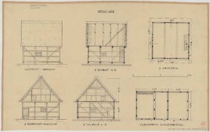 Lasbeck bei Havixbeck (Kreis Münster): Hof Meier. - Speicher (Grundriss, Ansichten, Schnitt). - Schweinestall (Grundriss).