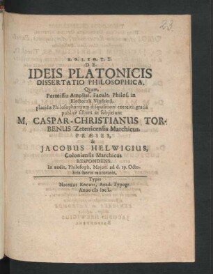 De Ideis Platonicis Dissertatio Philosophica