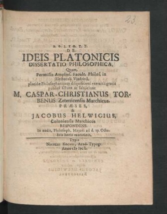 De Ideis Platonicis Dissertatio Philosophica