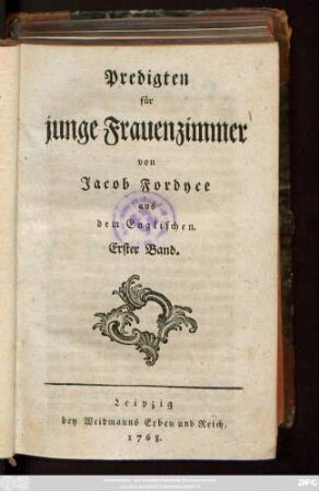 Bd. 1: Predigten für junge Frauenzimmer : aus dem Englischen