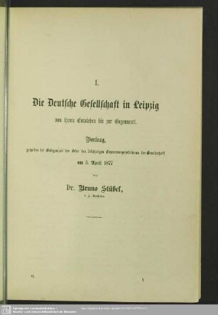 Die Deutsche Gesellschaft in Leipzig von ihrem Entstehen bis zur Gegenwart