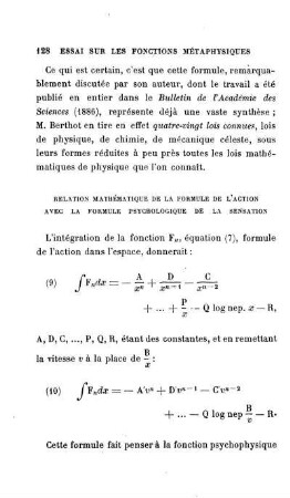 Relation mathématique de la formule de l'action avec la formule psycho-physique de la sensation.