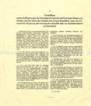 Sonderdruck zu der Erklärung der Alliierten über das Kontrollverfahren in Deutschland