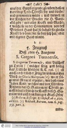 5. Zeugnuß Deß 5ten H. Zeugens S. Gregorii Turonensis.