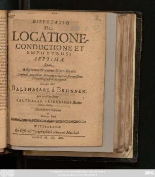 Disputatio De Locatione-Conductione Et Emphyteusi Septima
