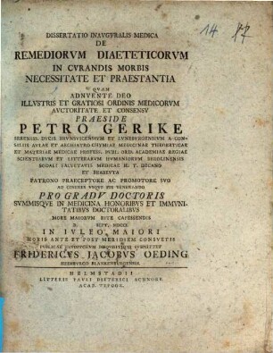 Dissertatio Inavgvralis Medica De Remediorvm Diaeteticorvm In Cvrandis Morbis Necessitate Et Praestantia